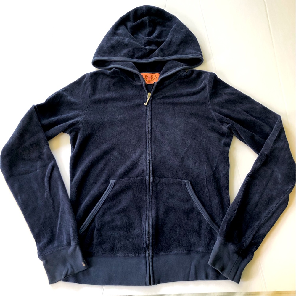 Juicy Couture dark blue terry cloth zippered hoodie sz S front pockets